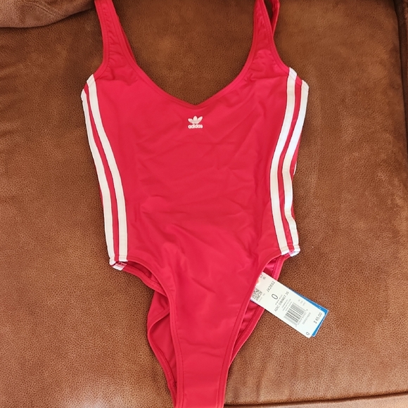 adidas Other - Adidas Red One-Piece Swimsuit with White Side Stripes